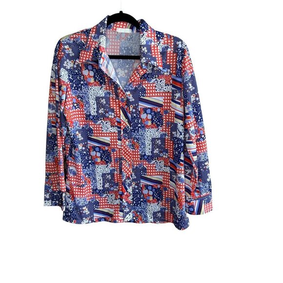 Carol Henry Vintage 70s Patchwork Dagger Collar Blouse Size 38 - Picture 1 of 8